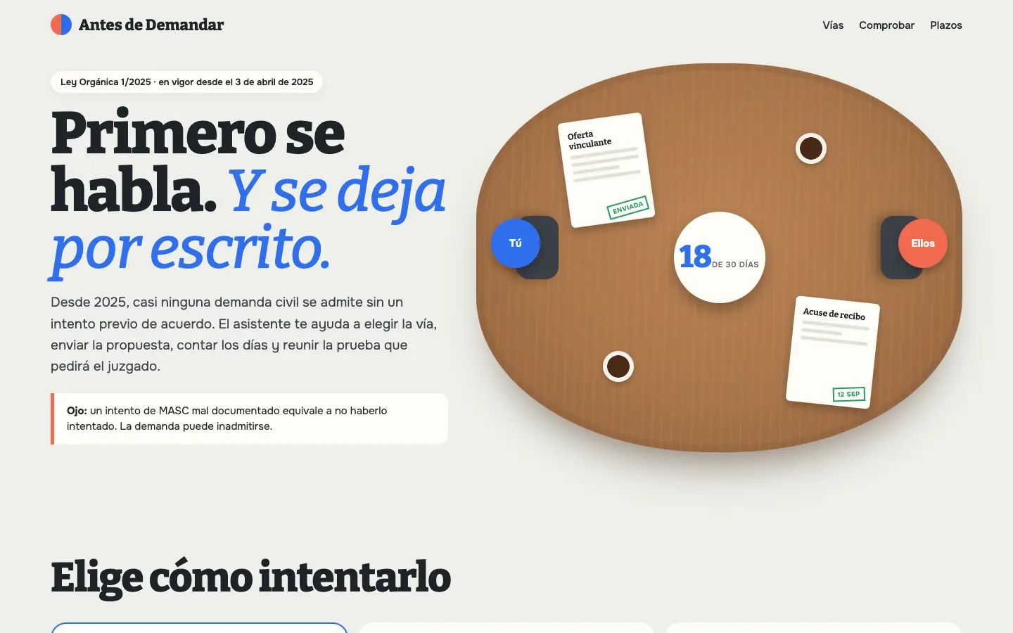 Antes de Demandar — primera pantalla del concepto