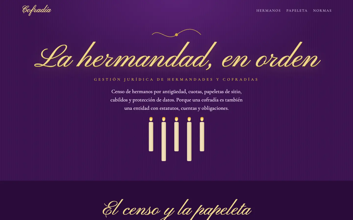 Cofradía — primera pantalla del concepto