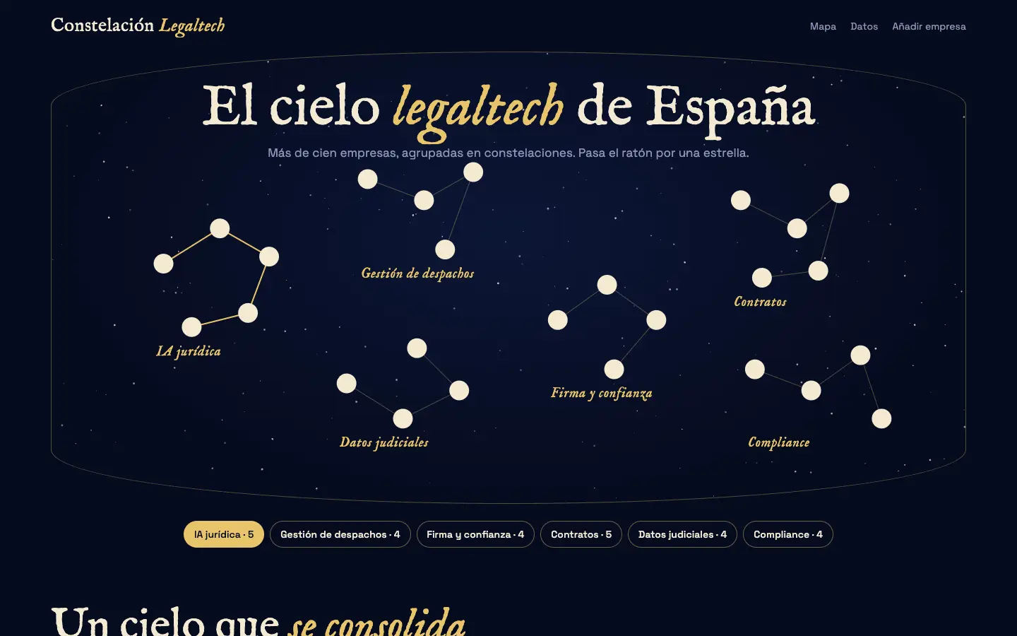 Constelación Legaltech — primera pantalla del concepto