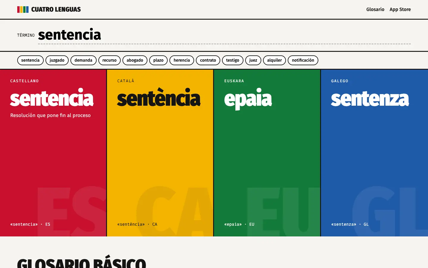 Cuatro Lenguas — primera pantalla del concepto