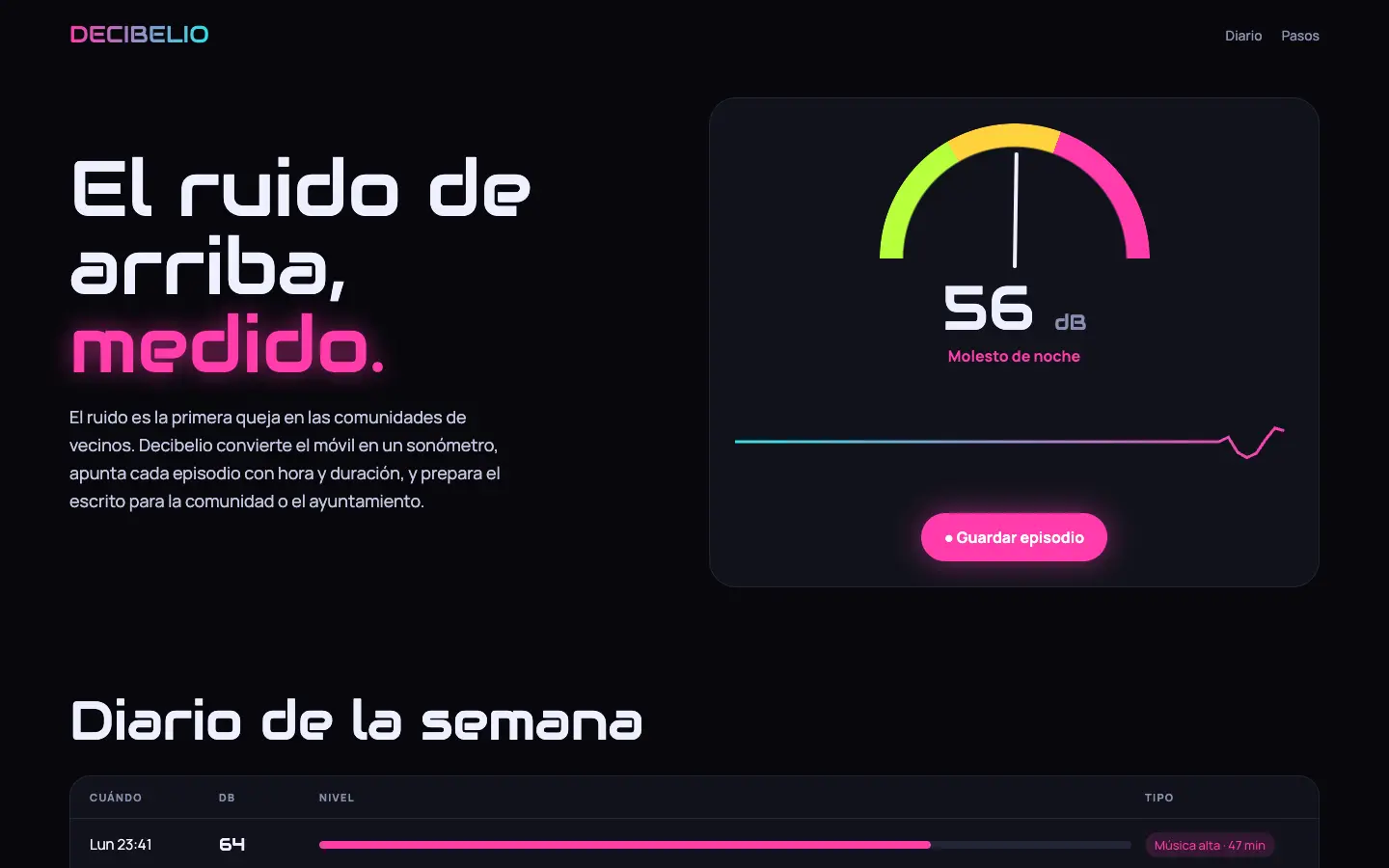Decibelio — primera pantalla del concepto