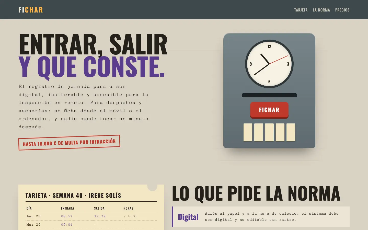 Fichar — primera pantalla del concepto