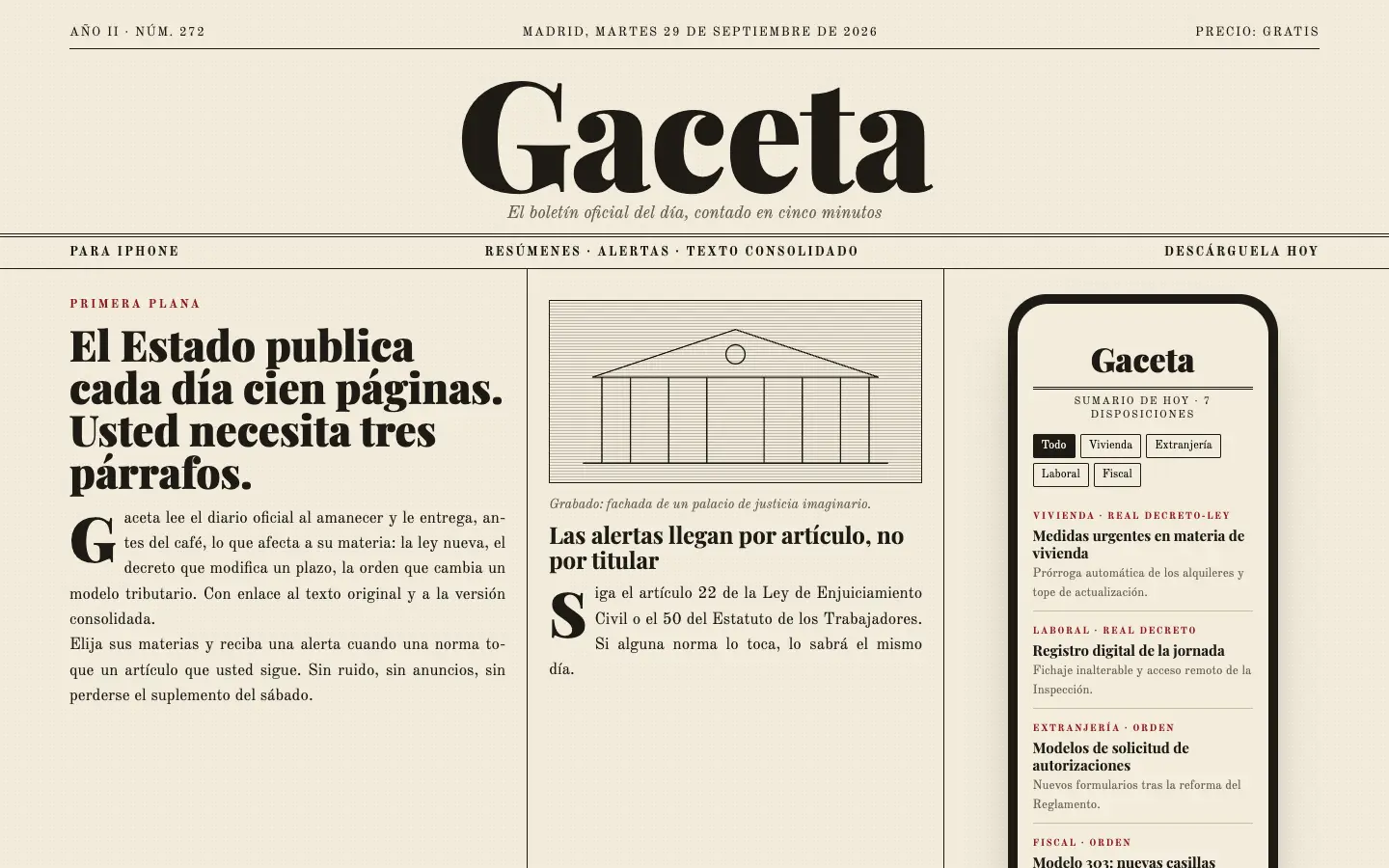 Gaceta — primera pantalla del concepto