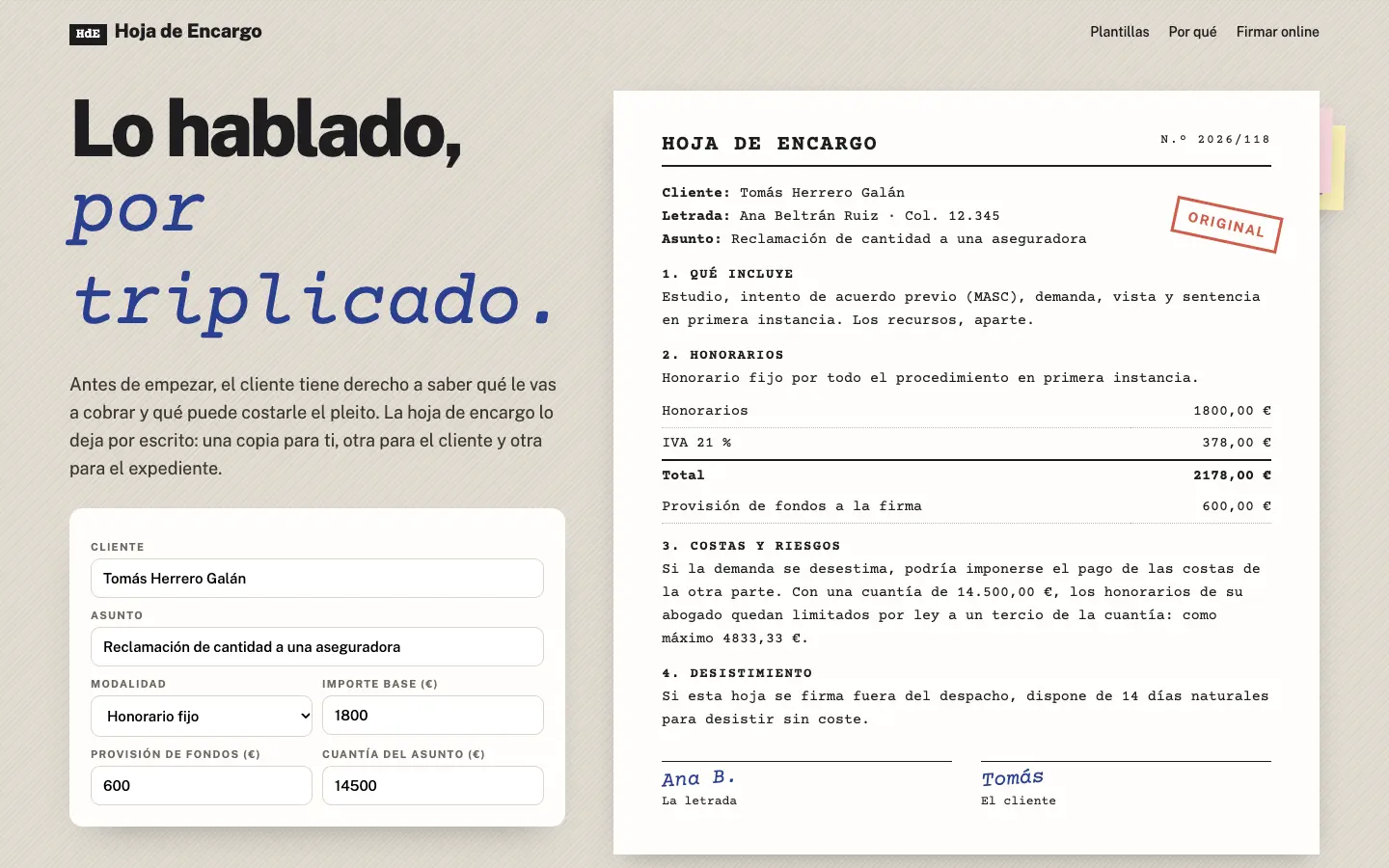 Hoja de Encargo — primera pantalla del concepto