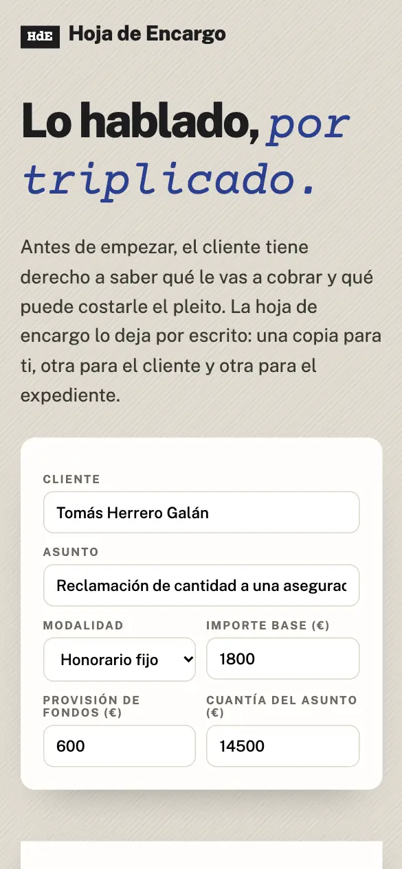 Hoja de Encargo — versión móvil