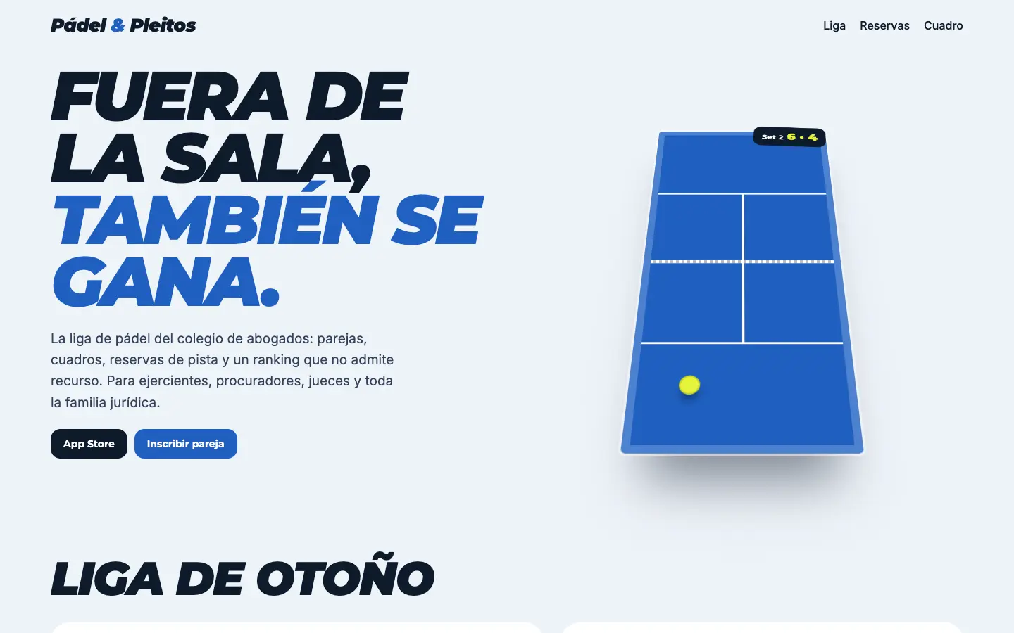 Pádel y Pleitos — primera pantalla del concepto