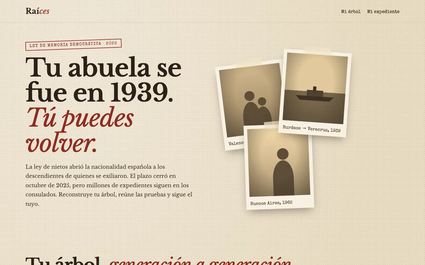 Raíces — primera pantalla del concepto